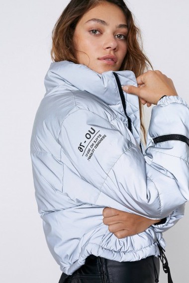 UO Shelly Silver Reflective Puffer Jacket | cropped jackets - flipped