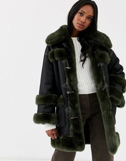 Urbancode reversible faux fur duffle coat in black – green / luxe winter coats - flipped