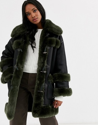 Urbancode reversible faux fur duffle coat in black – green / luxe winter coats