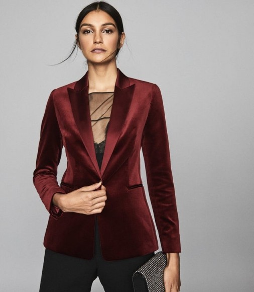 REISS VIXENA VELVET BLAZER CLARET ~ luxe evening jacket