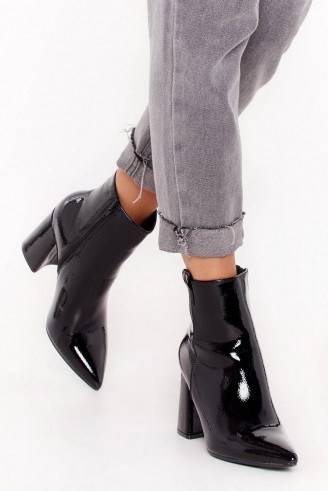 NASTY GAL Your Love Shines On Patent Faux Leather Boots in Black ~ high shine footwear - flipped