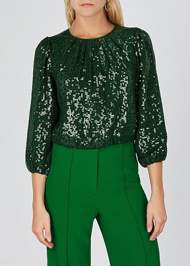 ALICE + OLIVIA Avila green sequin top ~ sparkly pleated neckline party blouse - flipped
