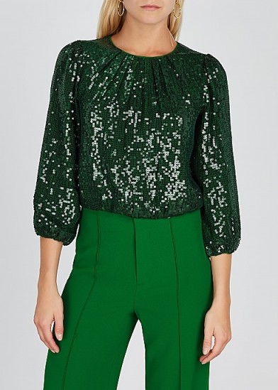 ALICE + OLIVIA Avila green sequin top ~ sparkly pleated neckline party blouse