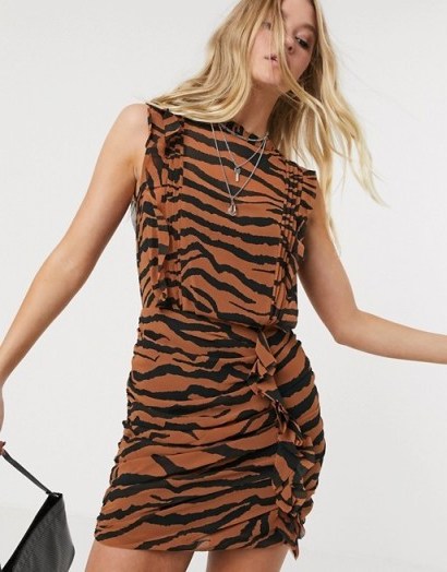 AllSaints hali zephyr tiger print mini dress in toffee brown/black - flipped
