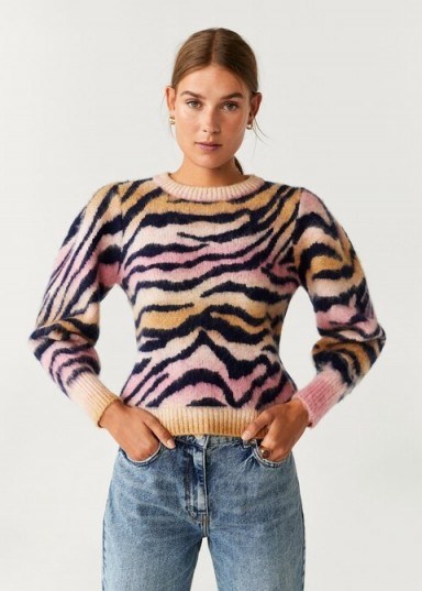 Vogue Williams striped pink jumper, MANGO Animal Print Sweater REF. 57006710-ZOEH-LM, worn on Instagram, October 2018. Celebrity knitwear | casual star fashion - flipped