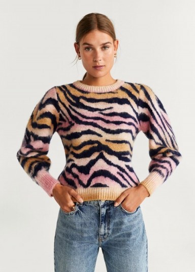 Vogue Williams striped pink jumper, MANGO Animal Print Sweater REF. 57006710-ZOEH-LM, worn on Instagram, October 2018. Celebrity knitwear | casual star fashion