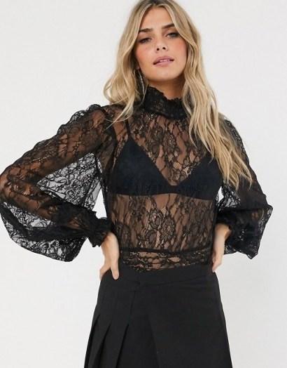 ASOS DESIGN lace long sleeve shirred top with high neck in black - flipped