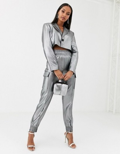 ASOS DESIGN metallic utility suit silver – shiny pant suits - flipped