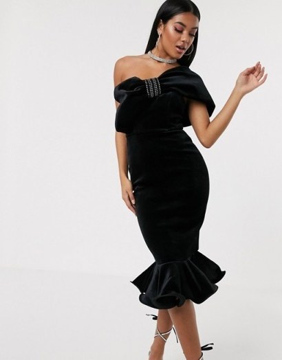 ASOS DESIGN Premium diamante bow velvet pep hem midi dress in black | vintage style evening glamour | one shoulder LBD - flipped