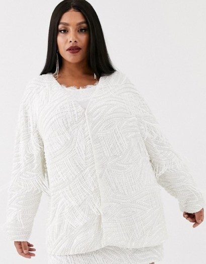 ASOS EDITION Curve beaded fringe oversized jacket white – plus size occasion jackets - flipped