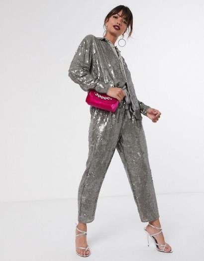 ASOS EDITION sequin shirt & jogger co-ord grey – shimmering pant suits - flipped