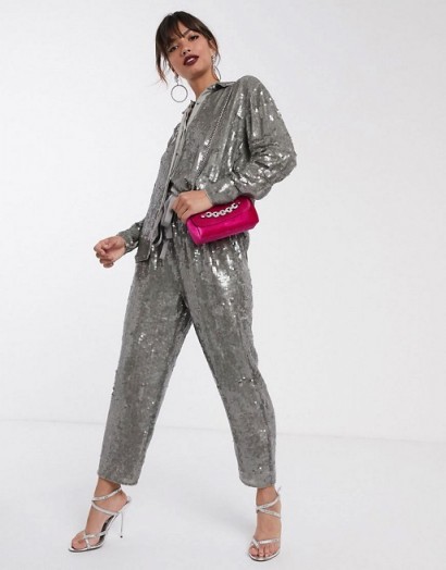 ASOS EDITION sequin shirt & jogger co-ord grey – shimmering pant suits