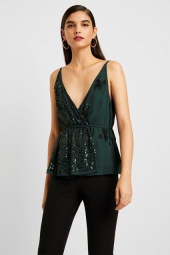 French Connection AURORA EMBELLISHED WRAP TOP Bayou Green ~ low cut sequinned occasion tops - flipped