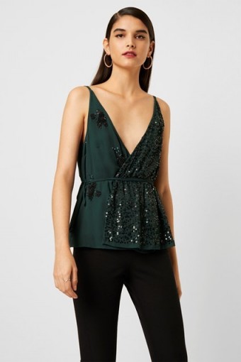 French Connection AURORA EMBELLISHED WRAP TOP Bayou Green ~ low cut sequinned occasion tops