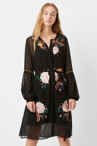 French Connection AYEE EMBROIDERED BUTTON DOWN DRESS in Black Multi