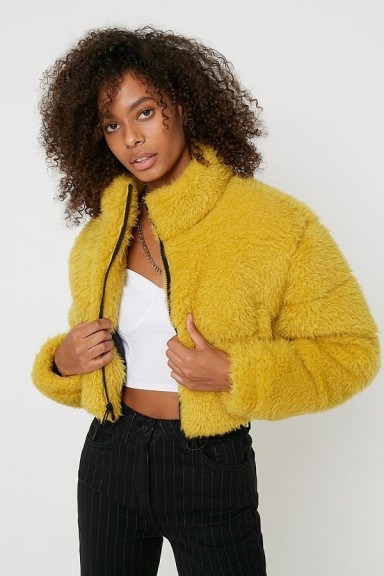 UO Faux Fur Crop Puffer Jacket in yellow - flipped