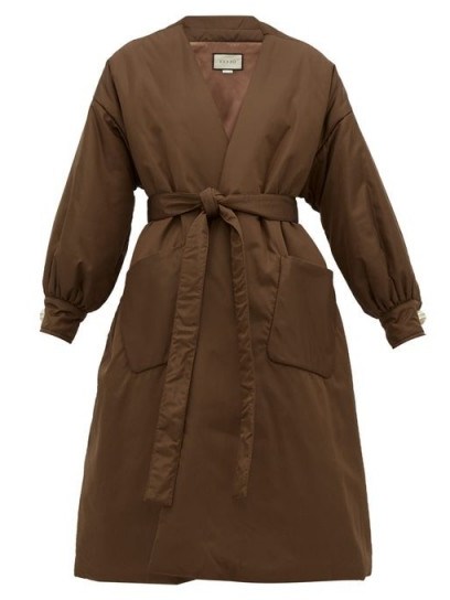 GUCCI Belted padded brown silk-satin coat ~ designer wrap coats ~ luxury winter clothing - flipped