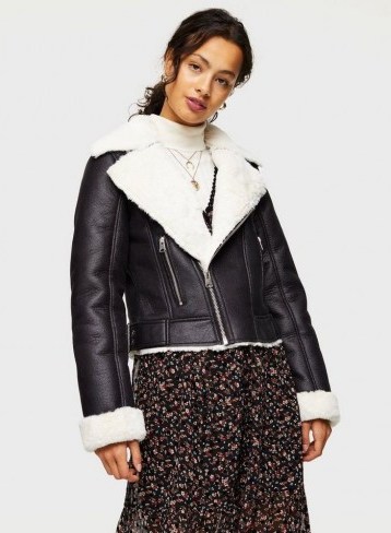 MISS SELFRIDGE Black Contrast Faux Fur Aviator Jacket – winter jackets with textured trim - flipped