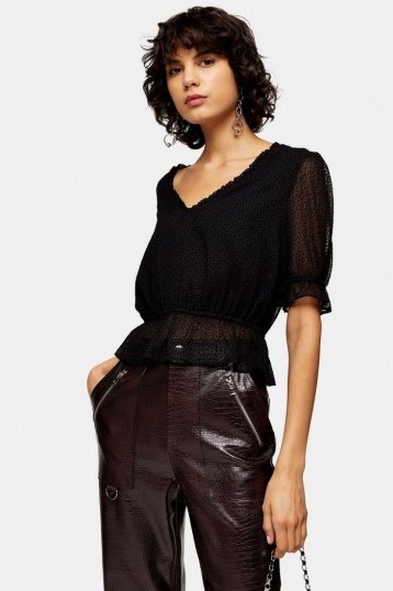 Topshop Black Cropped Spot Frill Blouse – waisted blouses - flipped