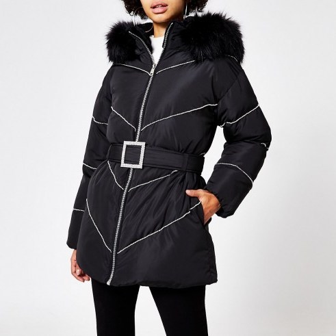 River Island Black diamante belted puffer coat | embellished winter coats - flipped