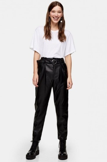 Topshop Black Faux Leather PU Belted Peg Trousers | tapered pants - flipped