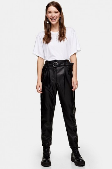 Topshop Black Faux Leather PU Belted Peg Trousers | tapered pants