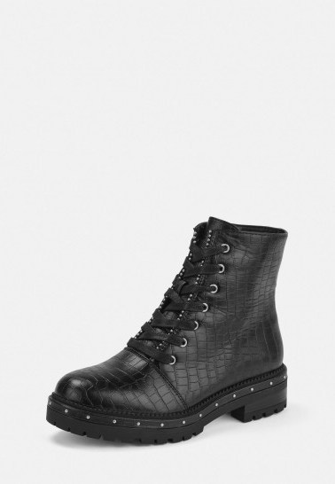 MISSGUIDED black mock croc ball stud biker boots – studded lace-up boot - flipped