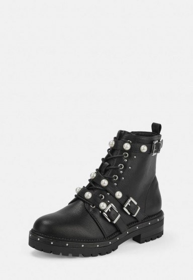 MISSGUIDED black mock pearl strap biker boots – embellished buckle boot - flipped