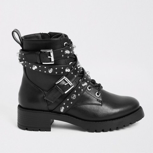 RIVER ISLAND Black studded buckle lace-up boots – chunky stud embellished ankle boot - flipped