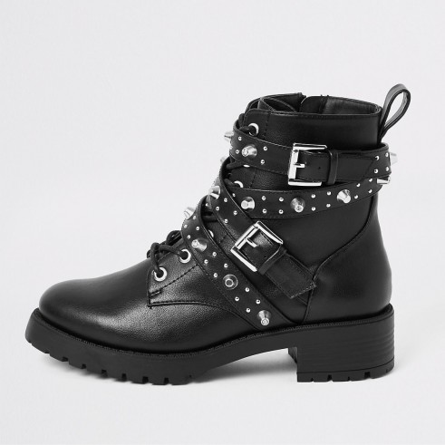 RIVER ISLAND Black studded buckle lace-up boots – chunky stud embellished ankle boot