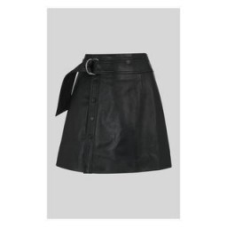 WHISTLES Tie Detail Leather Aline Skirt in Black - flipped