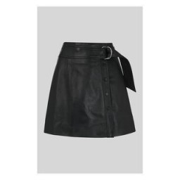 WHISTLES Tie Detail Leather Aline Skirt in Black