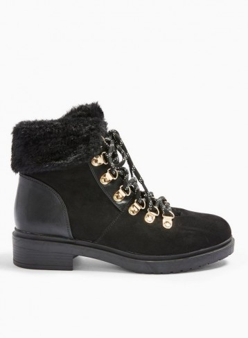 MISS SELFRIDGE BLISS Black Fax Fur Tongue Lace Up Ankle Boots – trimmed winter boot