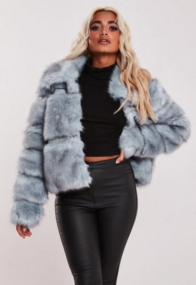 MISSGUIDED blue pelted short faux fur coat – fluffy luxe style winter coats - flipped