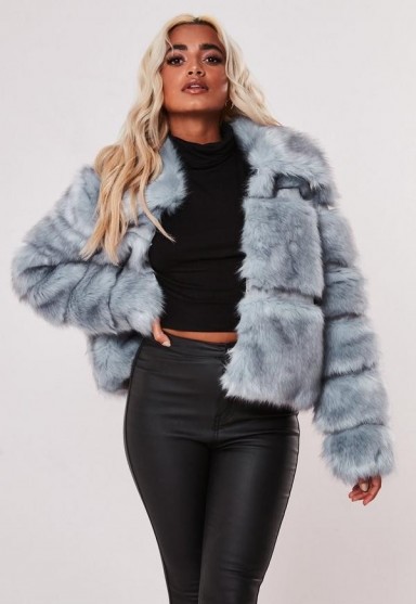 MISSGUIDED blue pelted short faux fur coat – fluffy luxe style winter coats