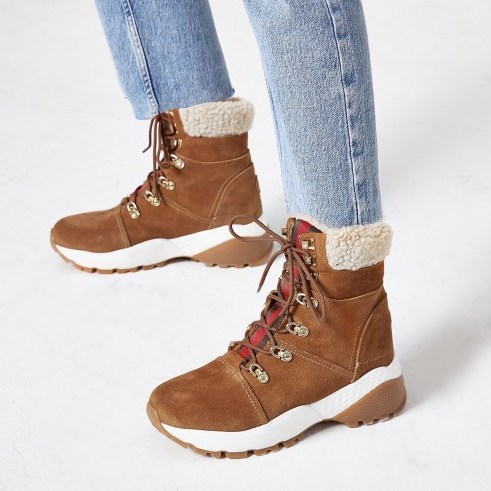 RIVER ISLAND Brown suede lace-up borg trim hiker boots - flipped