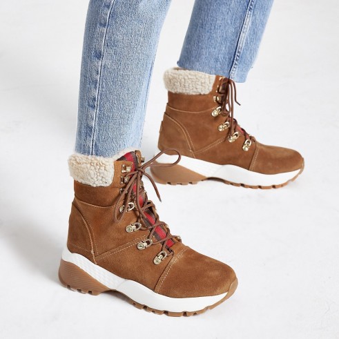 RIVER ISLAND Brown suede lace-up borg trim hiker boots