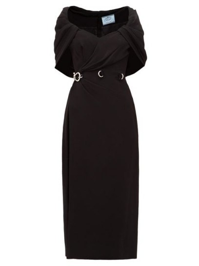 PRADA Buckled-waist cape cady-crepe dress in black ~ vintage style evening wear - flipped