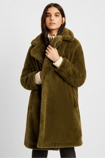 French Connection BUONA FAUX FUR LONG COAT Loden Green ~ cosy winter coats - flipped