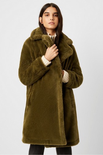 French Connection BUONA FAUX FUR LONG COAT Loden Green ~ cosy winter coats