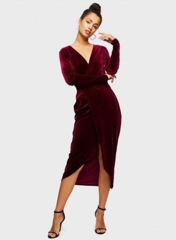 MISS SELFRIDGE Burgundy Long Sleeve Velvet Wrap Dress – vintage style evening glamour - flipped