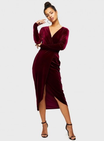 MISS SELFRIDGE Burgundy Long Sleeve Velvet Wrap Dress – vintage style evening glamour
