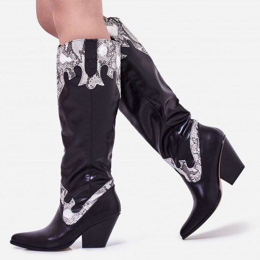 EGO Callie Snake Print Detail Knee High Western Long Boot In Black Faux Leather - flipped