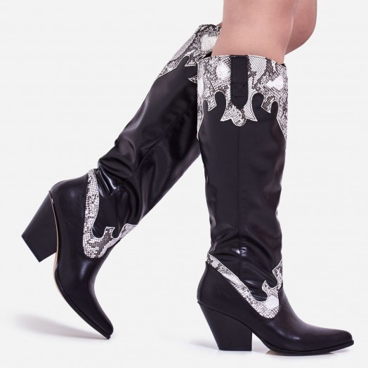 EGO Callie Snake Print Detail Knee High Western Long Boot In Black Faux Leather