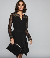 Reiss CALLISTA LACE DETAIL BELTED MINI DRESS BLACK – perfect evening look – lbd