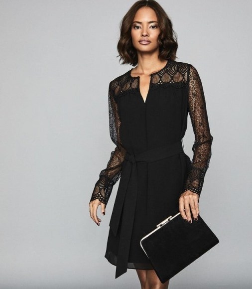 Reiss CALLISTA LACE DETAIL BELTED MINI DRESS BLACK – perfect evening look – lbd - flipped