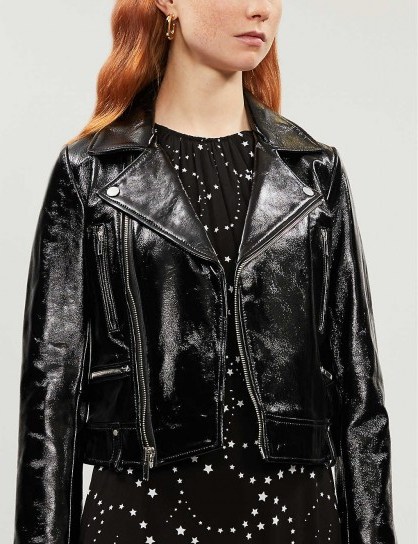 CLAUDIE PIERLOT Carly cropped patent-leather biker jacket in black - flipped