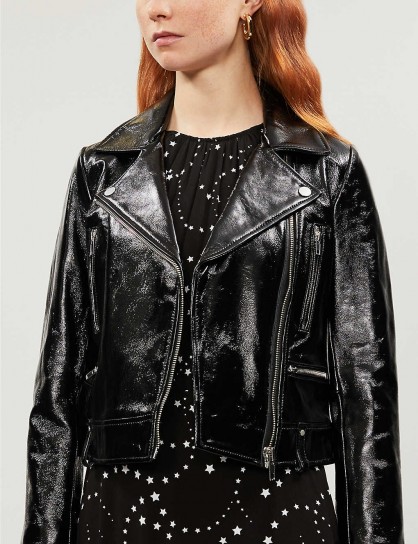 CLAUDIE PIERLOT Carly cropped patent-leather biker jacket in black