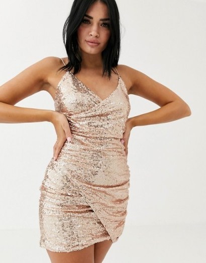 Club L London sequin wrap front asymmetric mini dress in rose gold / shimmering thin strap party dresses - flipped