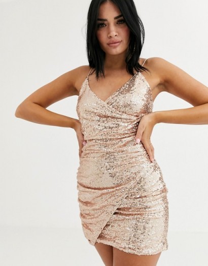 Club L London sequin wrap front asymmetric mini dress in rose gold / shimmering thin strap party dresses